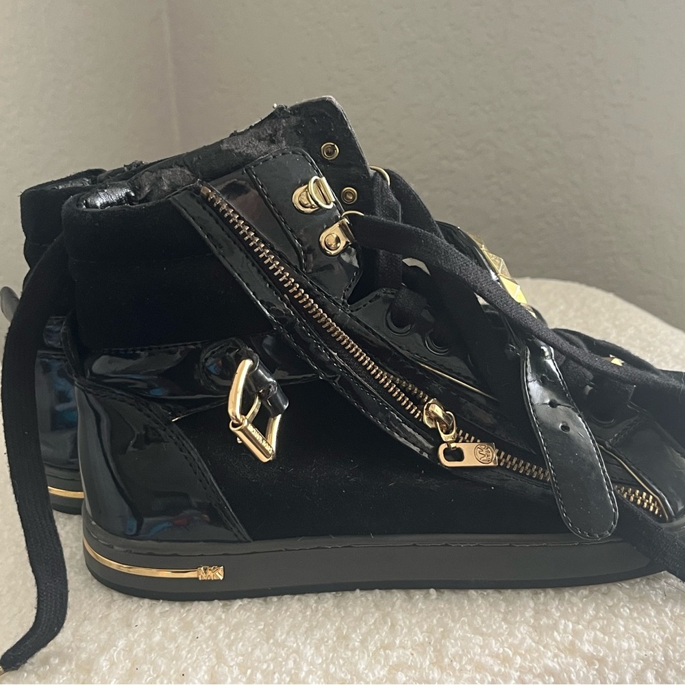 Michael Kors Black Patent & Suede High-Top Sneakers with Gold Hardware